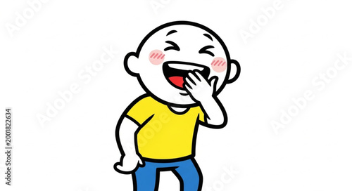 Happy cartoon character laughing with hand covering mouth.