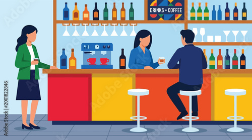 People meeting and relaxing in a contemporary cafe and lounge bar interior flat vector illustration