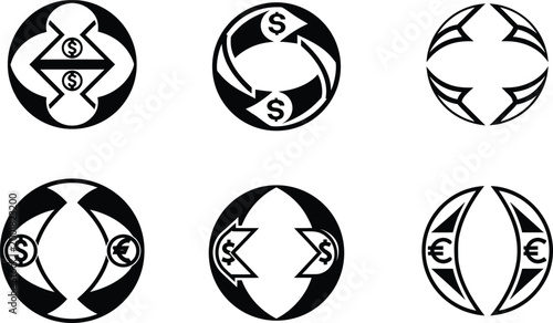 Set of Circular Financial Emblems with Currency Exchange and Global Trade Symbols