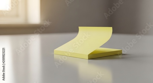 Yellow sticky notes on a reflective surface illuminated by natural light