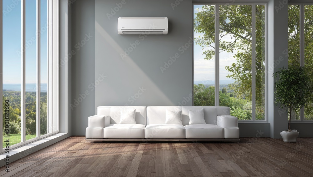 Fototapeta premium A modern living room features a comfortable white sectional sofa, expansive windows overlooking a lush landscape, and a sleek air conditioning unit mounted on the wall.