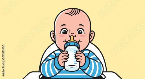 Baby Drinking Milk Bottle with Happy Expression.