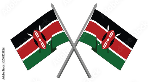 Two Crossed National Flags of Kenya Isolated on White Background for Patriotic and International Business Concepts
