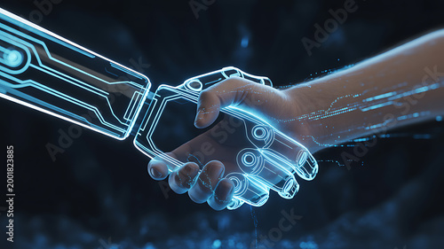 human hand and robotic arm shaking hands with glowing blue circuits and wires