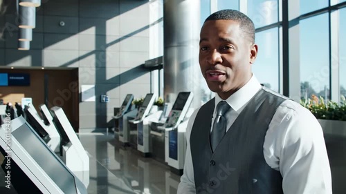 Professional Business Man Demonstrates Touchscreen Kiosk Functionality in a Modern Setting