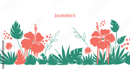 Summer floral border, tropical leaves, coral hibiscus flowers, green foliage, seasonal decoration