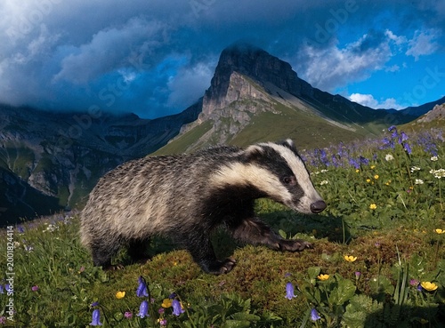 Badger walking through alpine meadow, fresh grass and flowers, dramatic side lighting, high contrast, ultra realistic



