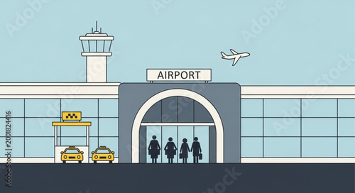Modern Airport Entrance with Passengers and Control Tower.