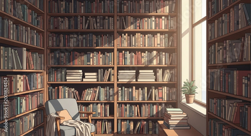 Interior View of a Classic Wooden Library with Tall Bookshelves Filled with Books.