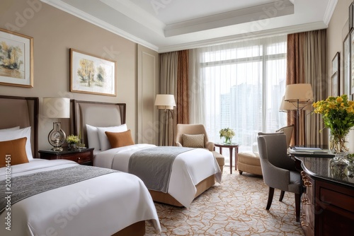 A luxurious hotel room features two queen-sized beds adorned with plush linens and throws, complemented by elegant furnishings and a large window offering a stunning cityscape view.