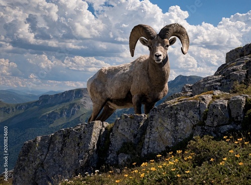 Bighorn sheep on steep mountain cliff, blooming flowers below, strong sunlight, deep shadows, high contrast, ultra detailed, cinematic composition



