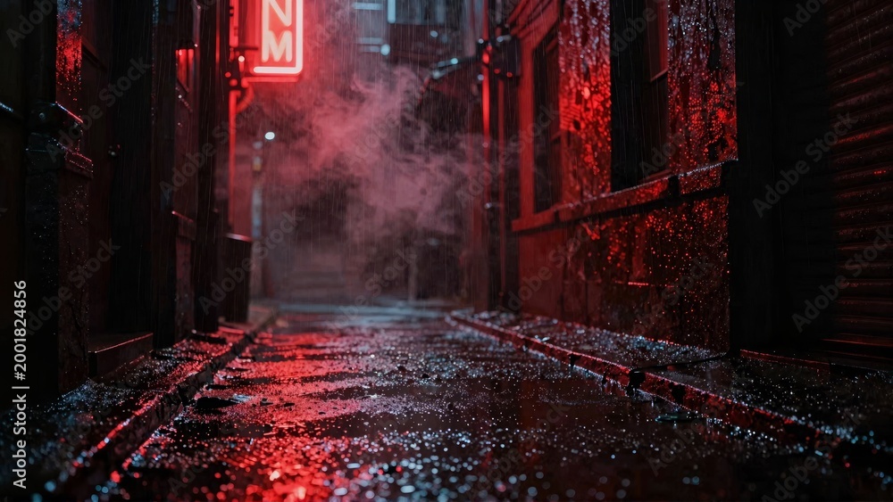 Fototapeta premium Cinematic Red Neon Alleyway in Rain with Foggy Atmosphere