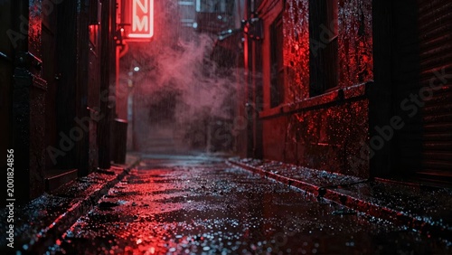 Cinematic Red Neon Alleyway in Rain with Foggy Atmosphere