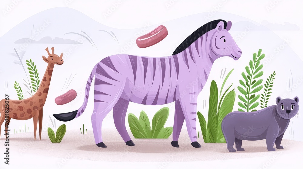 Fototapeta premium Colorful Cartoon Animals in Playful Jungle Setting with Plants