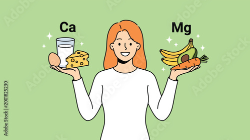 Smiling woman holding healthy food sources of calcium and magnesium for balanced nutrition and wellness illustration