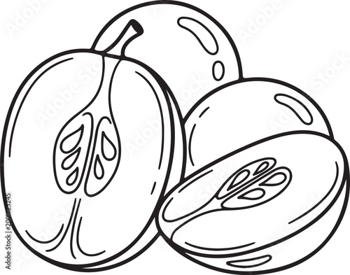 Cluster of plums with one halved to reveal seeds in clean outline style for healthy food and beverage concepts