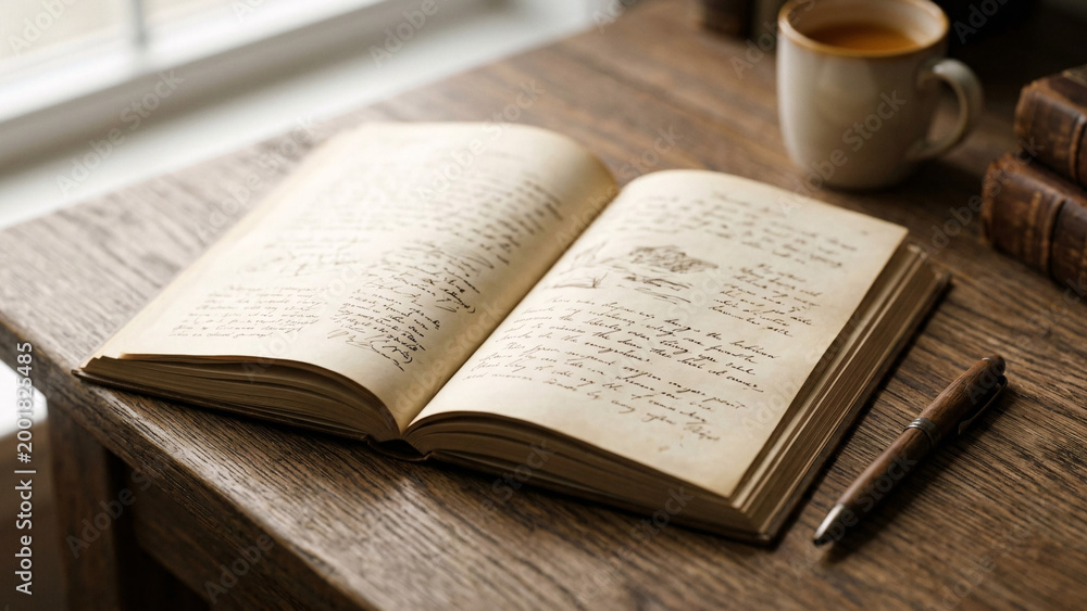 Fototapeta premium Open Vintage Notebook with Handwriting and Pen on Rustic Table