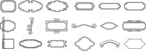 Collection of decorative black outlined frames and borders on white background, ornamental vintage