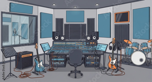 Music Studio Equipment with Instruments and Audio Gear.