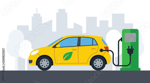 Yellow electric vehicle charging at a green power station with a modern city skyline background for sustainable transportation concepts