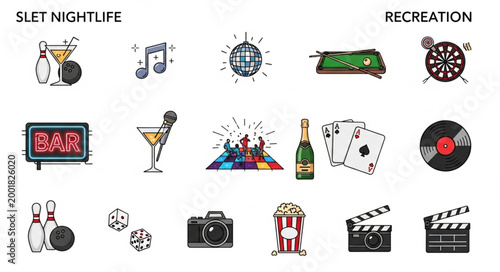 Collection of leisure and nightlife icons and symbols.