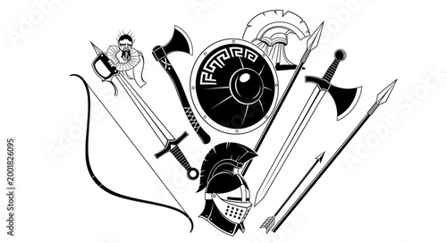 Collection of Medieval Weapons and Armor Items Displayed.