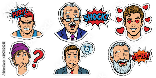 Pop art male emotions and reactions sticker collection. Comic book style characters expressing fury, shock, love, confusion, stress, and laughter, isolated.