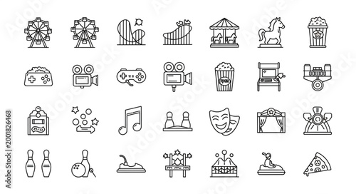Collection of hand-drawn icons representing various entertainment and leisure activities.