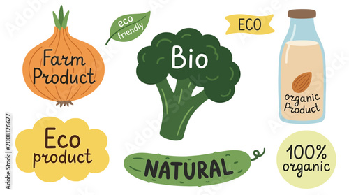 Set of Hand Drawn Organic Food Icons and Eco Friendly Product Labels for Healthy Lifestyle Marketing