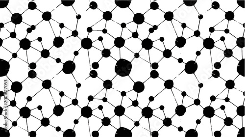 Abstract network of interconnected circles and lines creating a seamless pattern, representing connection and complexity in black and white