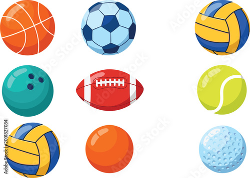Sports balls collection with basketball soccer volleyball tennis bowling football and golf colorful vector illustration set for games design