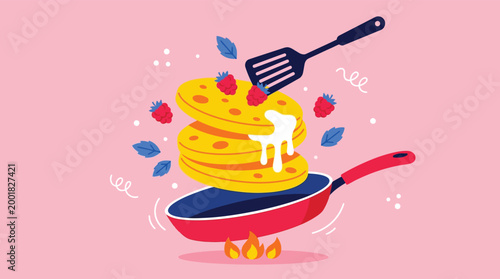 Flat vector illustration of pancakes being flipped in a frying pan with raspberries and cream topping on pink background