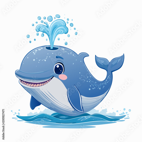 Charming cartoon whale spouting water with a wide smile, playful and friendly illustration for children's content