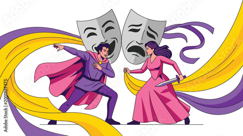 Theatrical stage actors in costumes performing dramatic scene with comedy and tragedy masks vector illustration