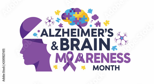Bild auf Leinwand Alzheimers awareness logo with purple silhouette and colorful brain puzzle piece