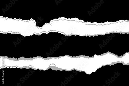 High-contrast black background with two horizontal white torn paper strips. Features realistic jagged edges and subtle shadows, providing a bold, minimalist frame for text or creative designs