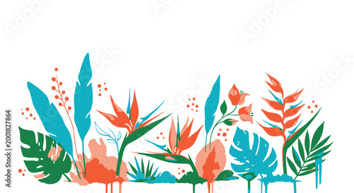 Tropical leaf, colorful floral, exotic plant, jungle foliage border