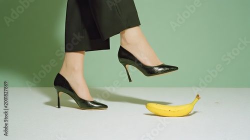 Woman in high heels about to step on a banana peel.