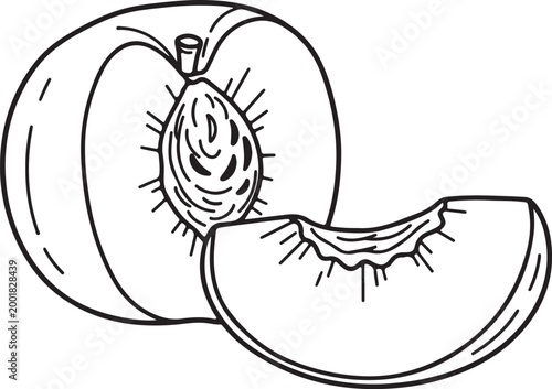 Simple line drawing of a whole peach with a slice showing the pit and flesh isolated on white