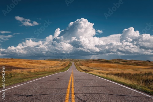 A long, straight asphalt road stretches through a vast, golden prairie landscape under a dramatic sky filled with billowing cumulus clouds.