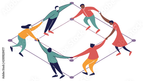 Flat Illustration of a Diverse Group of People Holding Hands in a Connected Square Formation Representing Teamwork and Global Networking