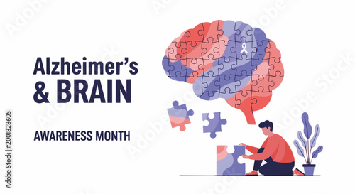 Alzheimers awareness puzzle pieces in brain illustration for health campaign in flat colorful style with purple and orange puzzle for medical education