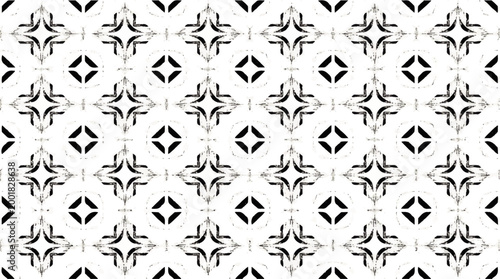 A symmetrical pattern of geometric floral motifs in black and white, showcasing intricate detail and repetition for design backgrounds or textiles