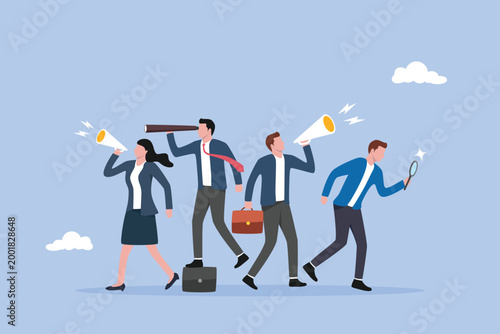 Canvastavla Recruitment, business people searching with binoculars and megaphone,  human resources searching for candidate, marketing search for client or customer concept, hiring or finding staff for vacancy