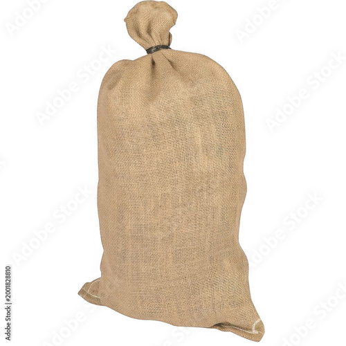 A large brown burlap sack tied at the top stands upright on a plain surface.