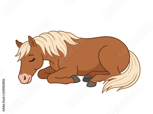 A sleeping brown horse with a blonde mane and tail lies curled up on the ground.