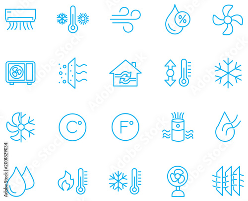 Air Conditioning icon set. Containing fan, wind, blow, air conditioner, cooling appliance, cooling fan, air cleaner, climate control, heating, and more. Editable line icons. Vector