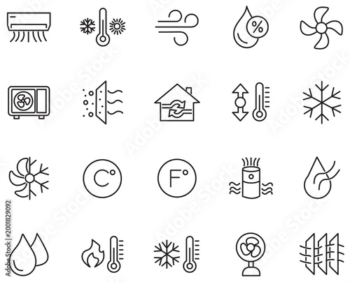 Air Conditioning icon set. Containing fan, wind, blow, air conditioner, cooling appliance, cooling fan, air cleaner, climate control, heating, and more. Editable line icons. Vector