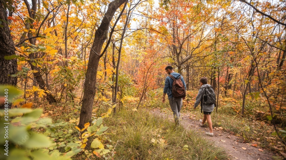 Fototapeta premium A woman and a boy walk through a colorful autumn forest trail.
