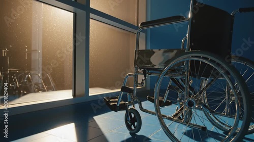 Wheelchair In Sunlight Corridor Creating Shadows Reflections and Abstract Aesthetic Video
